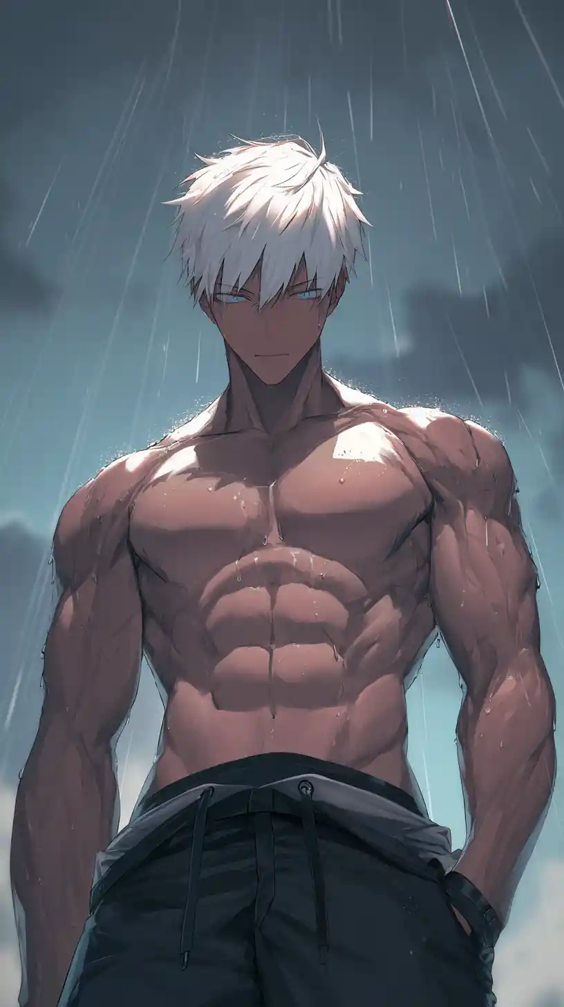 White haired anime man in storm under dramatic light