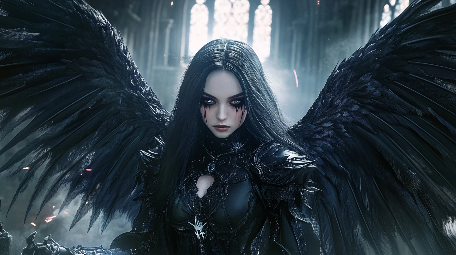 Dark fallen angel woman in ruined gothic cathedral
