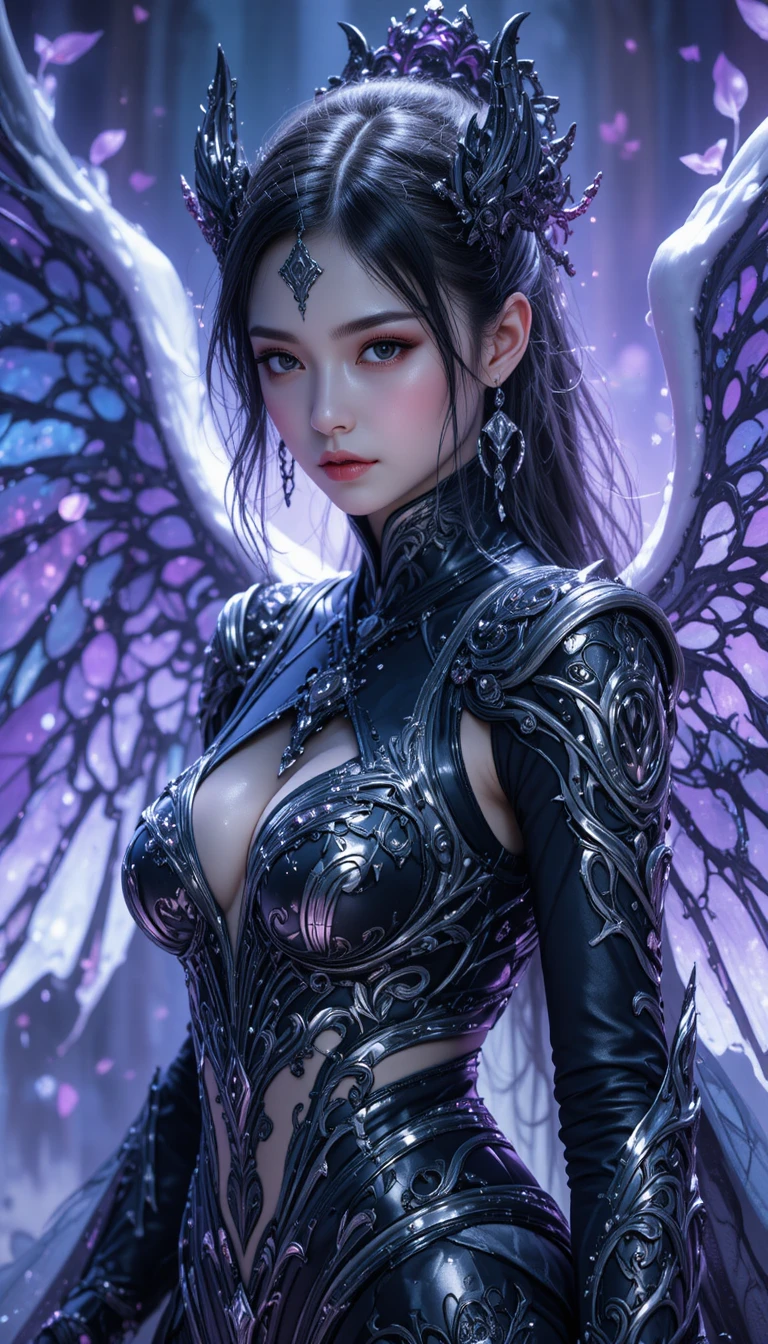 Dark angelic warrior woman in silk armor portrait
