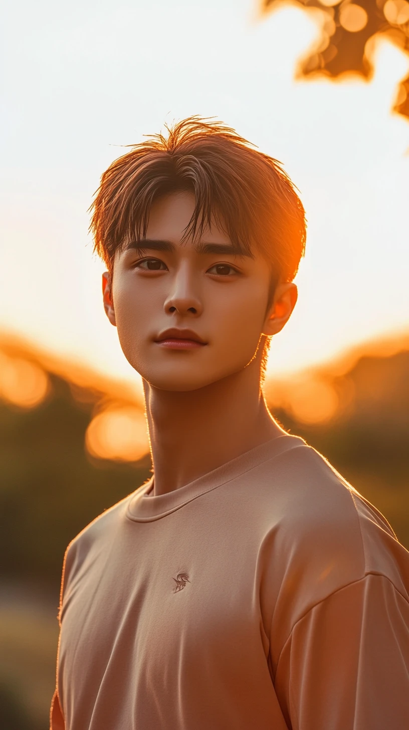 Homme d’anime calme debout en extérieur au coucher de soleil chaleureux