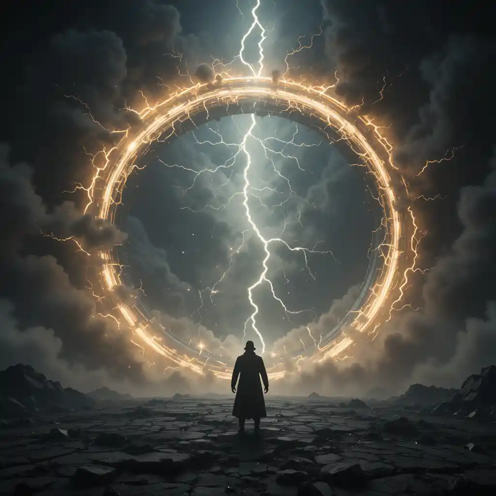 Enorme portal luminoso que se abre en un reino espiritual oscuro