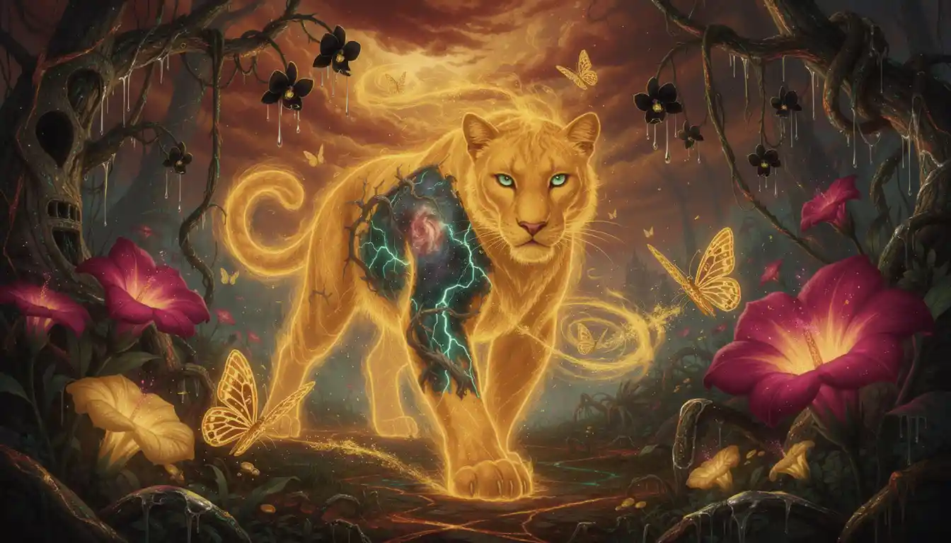 Spectral Panther Stalking Through A Surreal Midnight Jungle