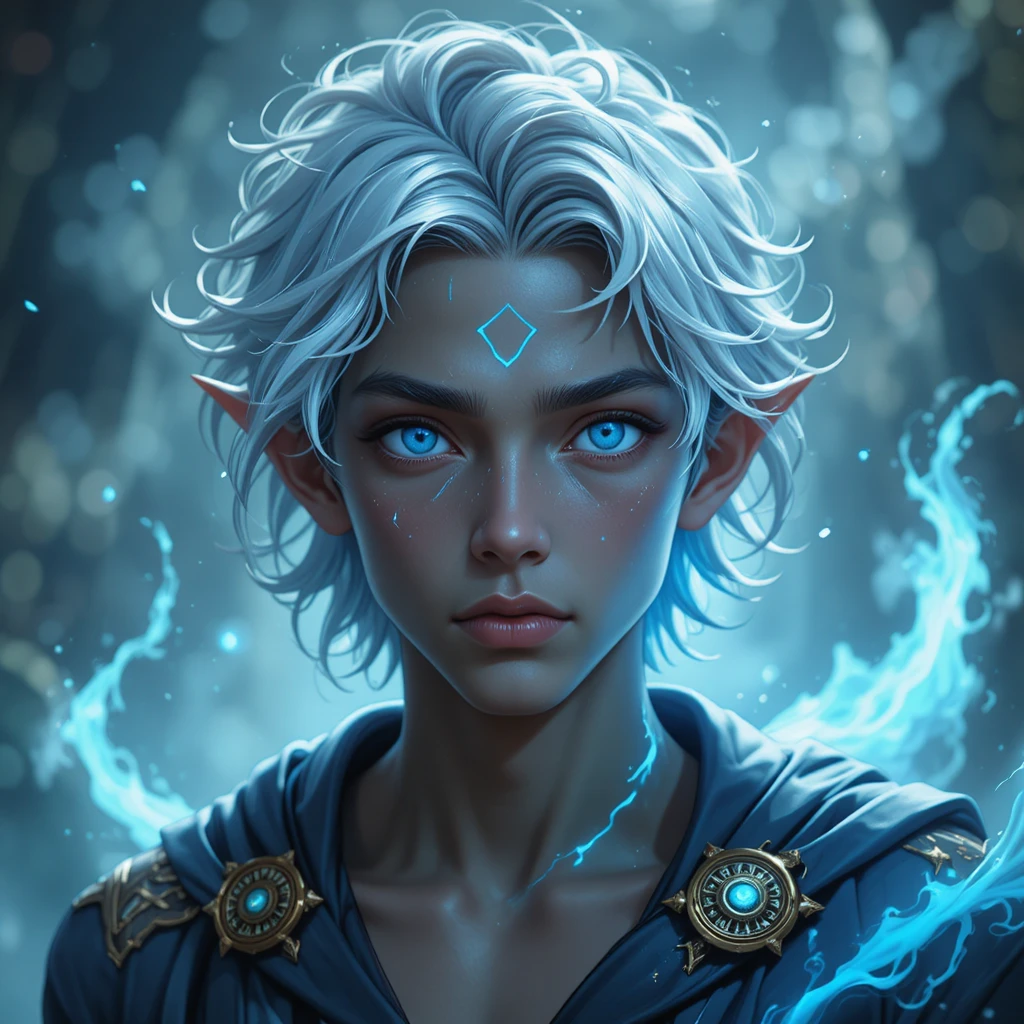 Young blue skinned genie prince with silver floating hair