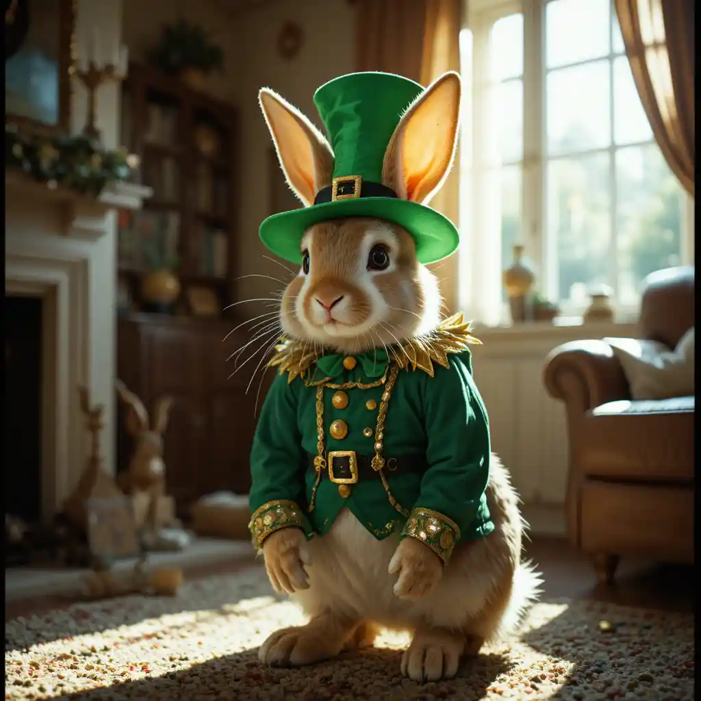 Rabbit in leprechaun costume in a bright living room
