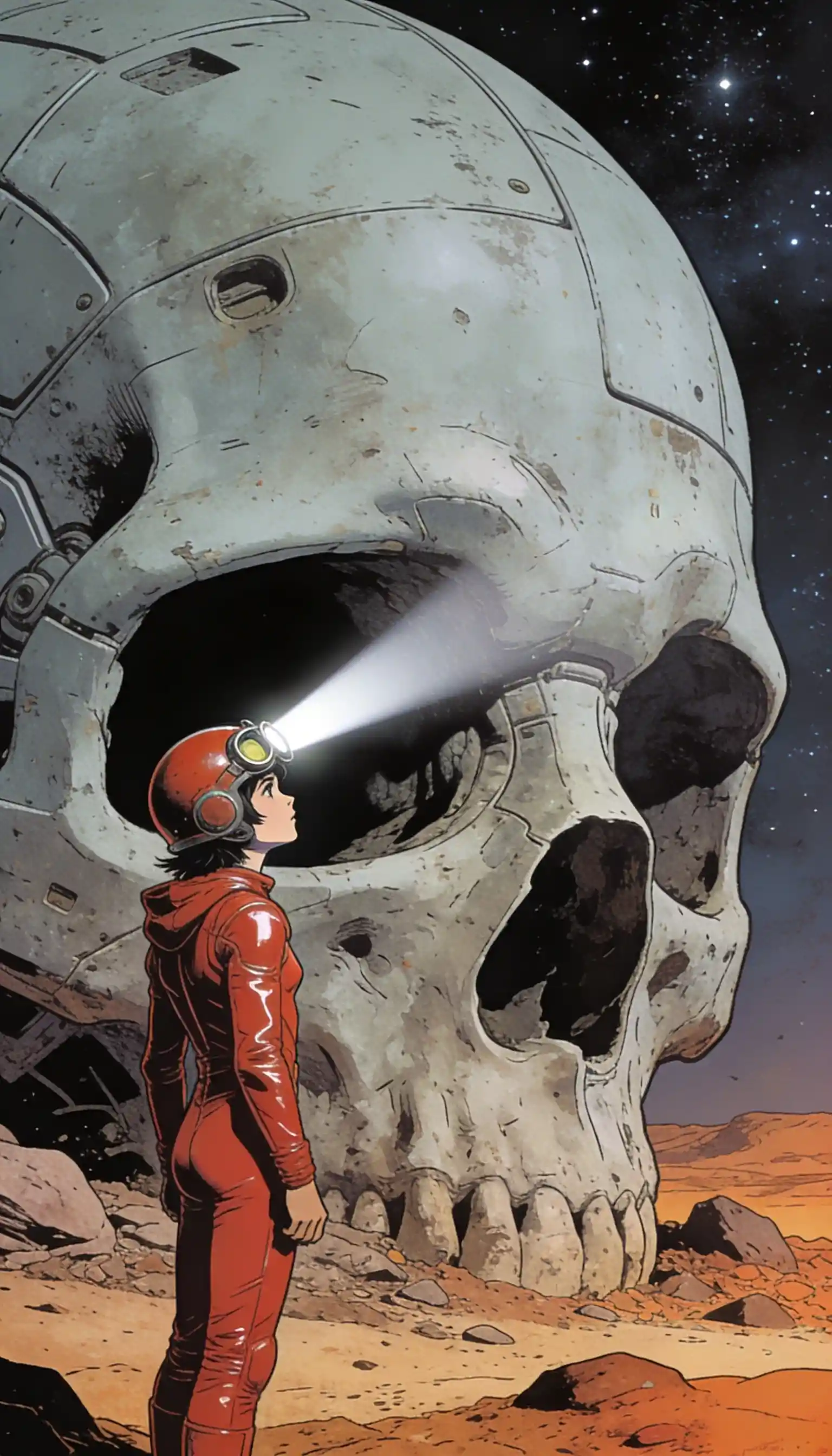 Sci-fi art of a person in a red suit shining a light into a giant mechanical skull in a desert.