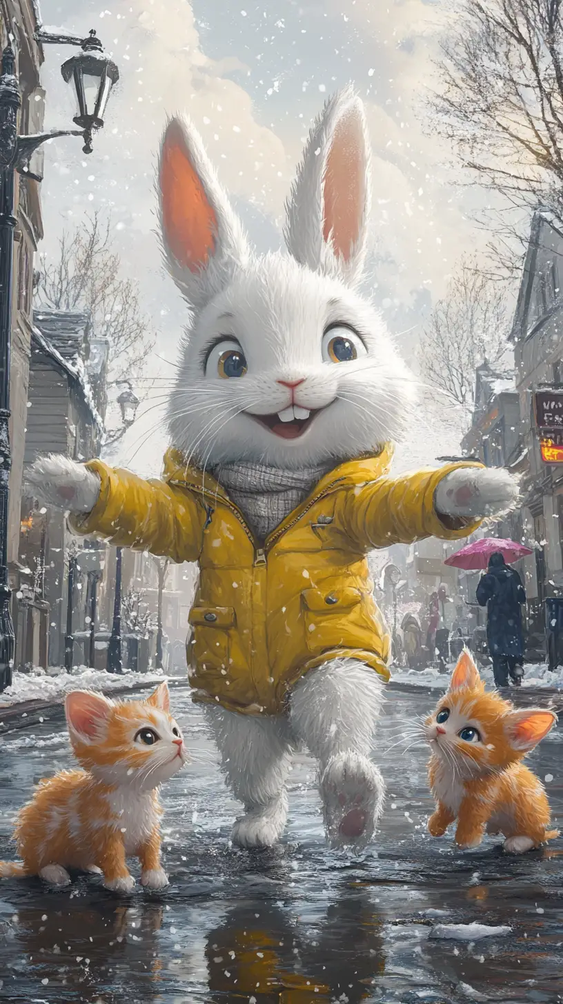 Cheerful Rabbit And Kittens On A Snowy Winter Street