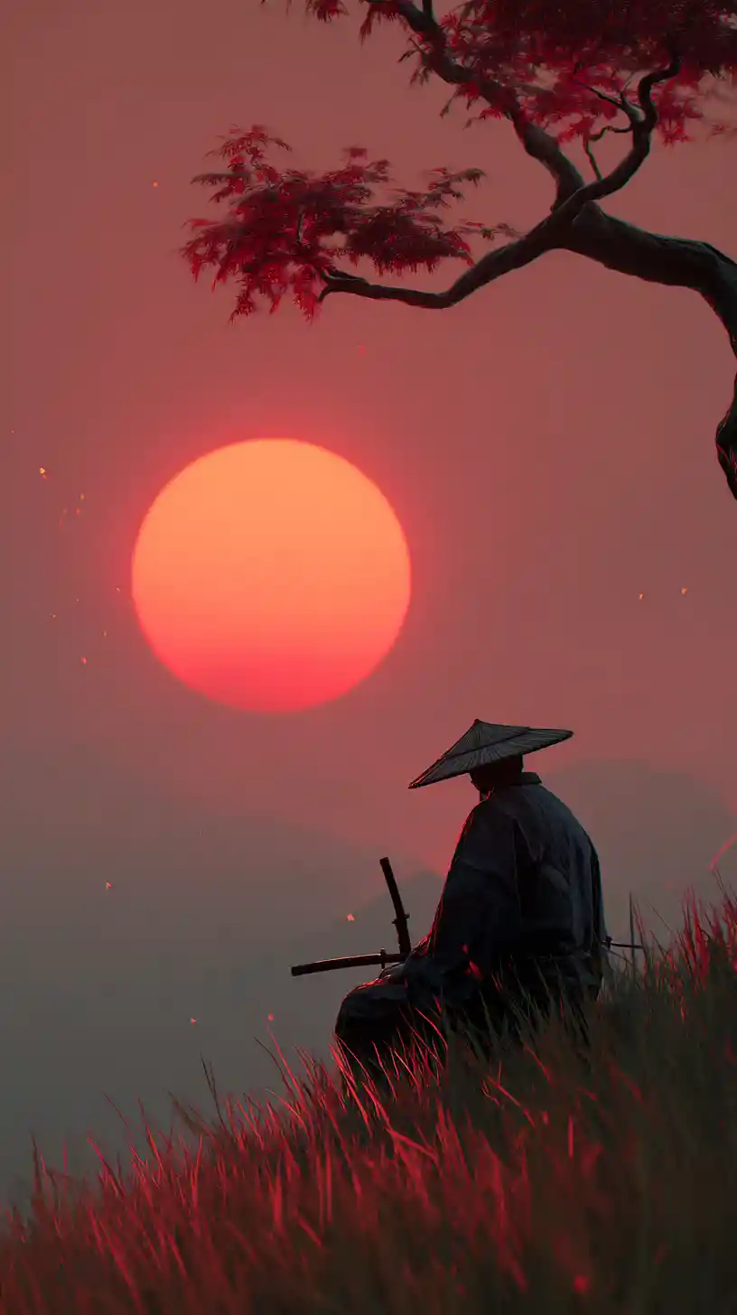 Solitary samurai in silhouette on a quiet sunset hillside