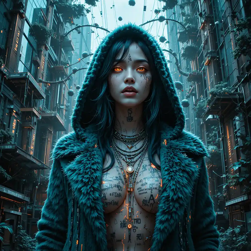 Glitch split portrait of a cybernetic woman in teal hood