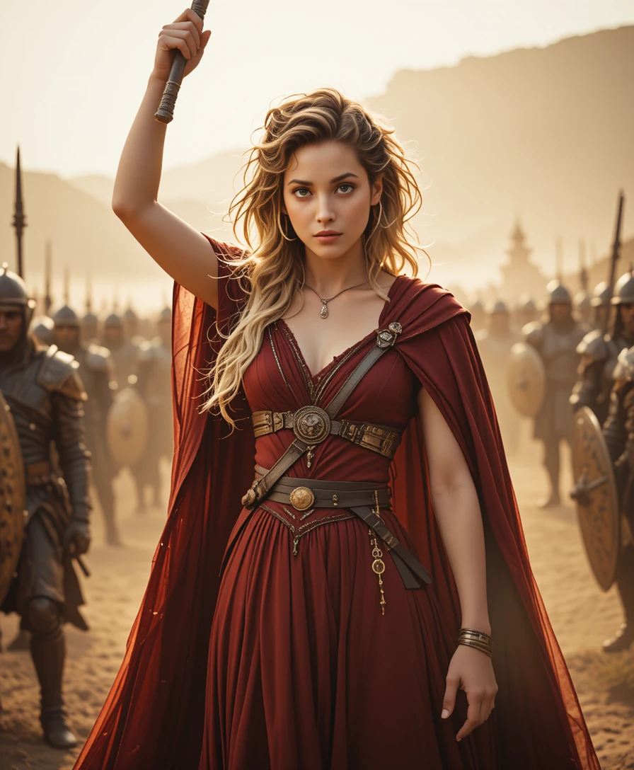 Fantasy queen raising a golden sword on desert battlefield
