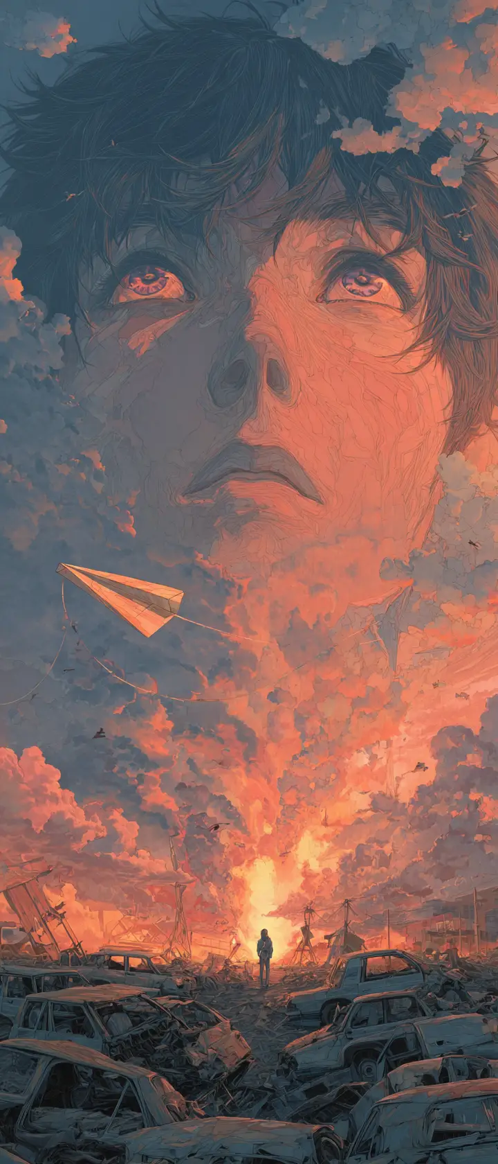 Anime boy head over junkyard at glowing sunrise