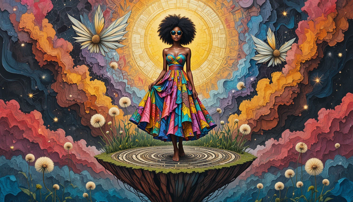 Elegant woman on a surreal floating island dreamscape