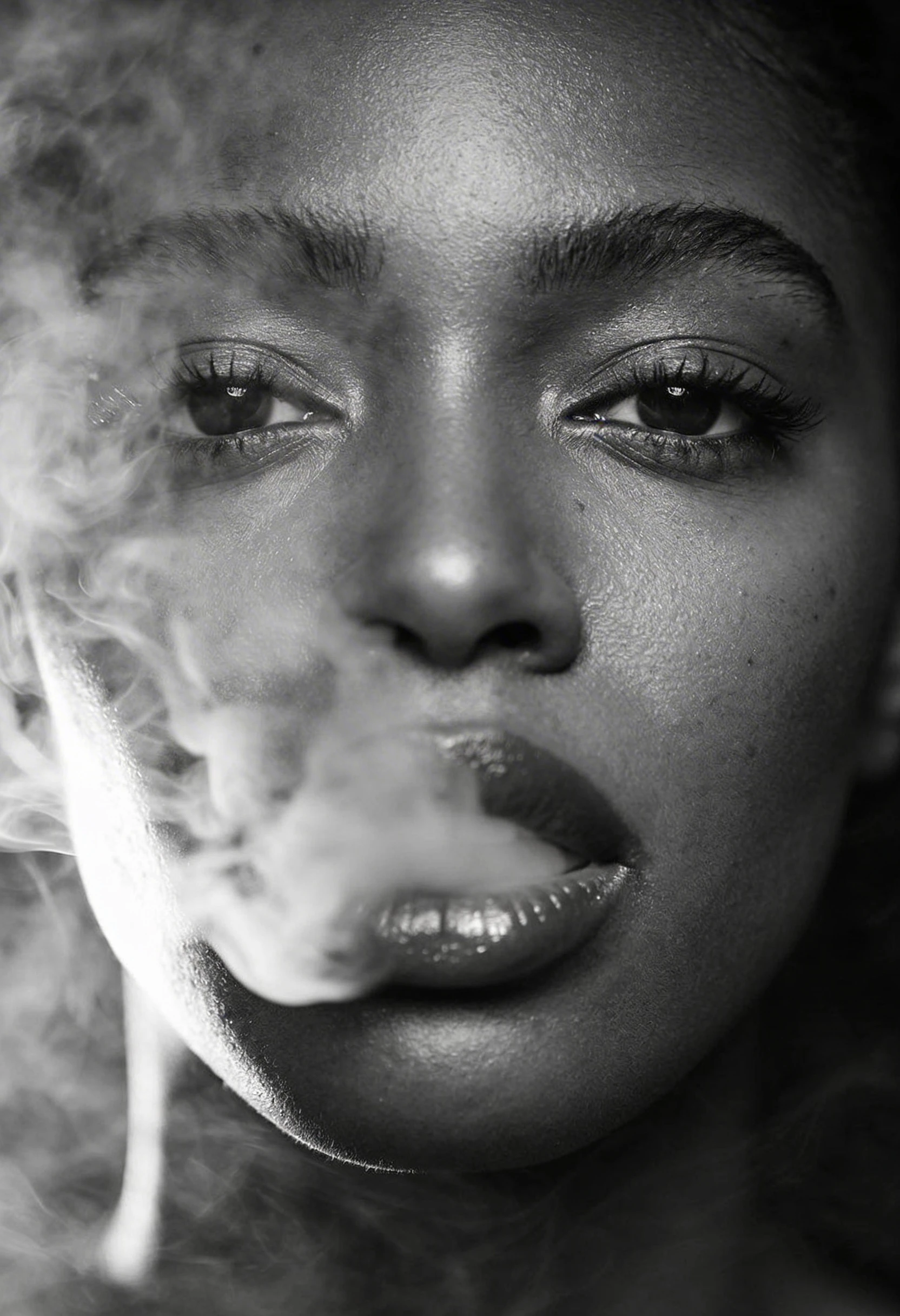 Monochrome close up of a woman veiled in swirling smoke