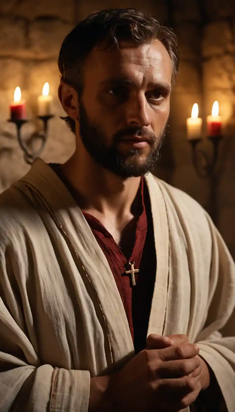 Cinematic Portrait Of Saint Valentine In Candlelit Prison