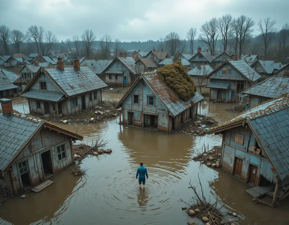 Aerial view of flooded village houses and lone walker