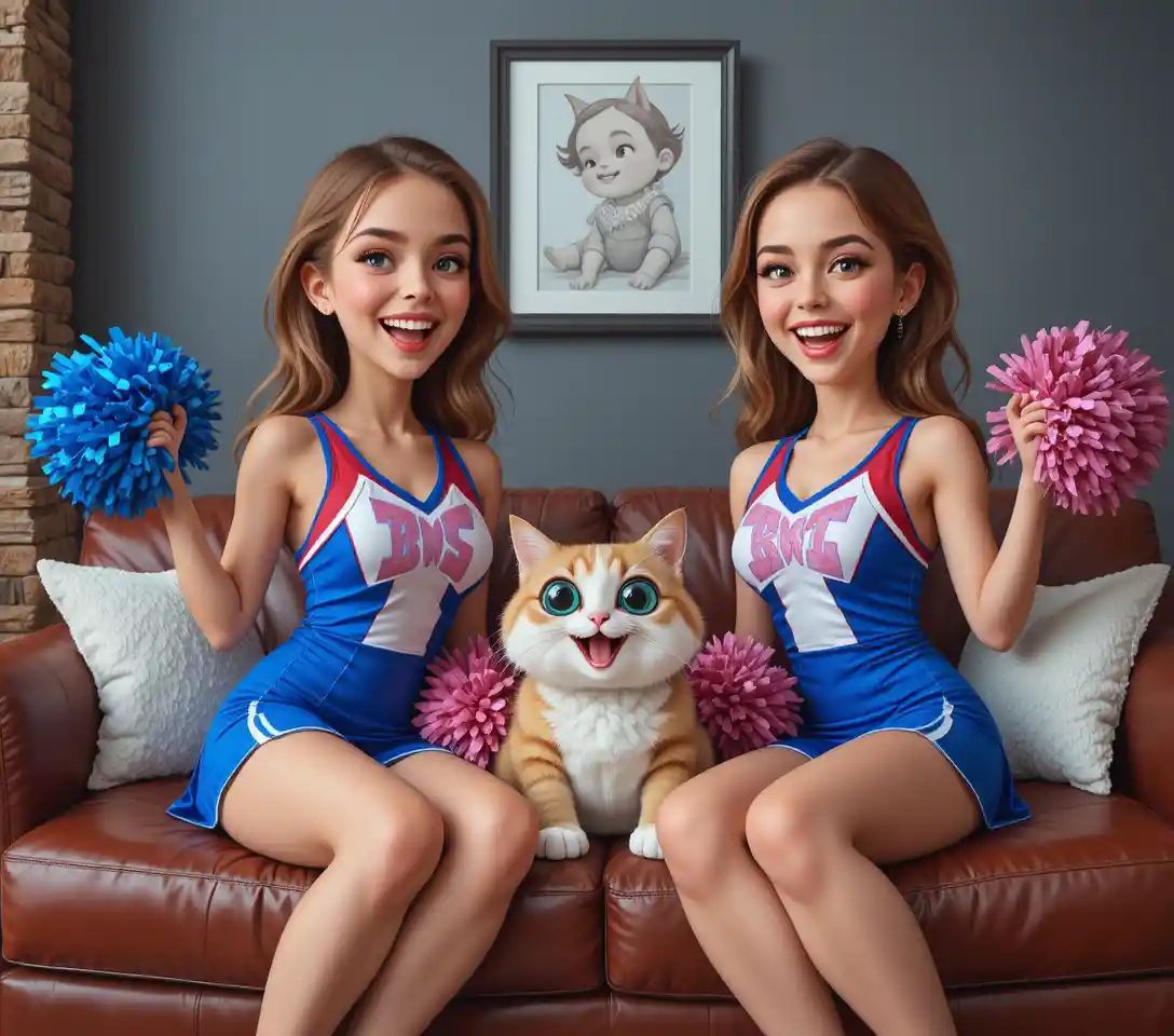 Zwei junge Cheerleaderinnen lächeln gemeinsam auf einem braunen Sofa