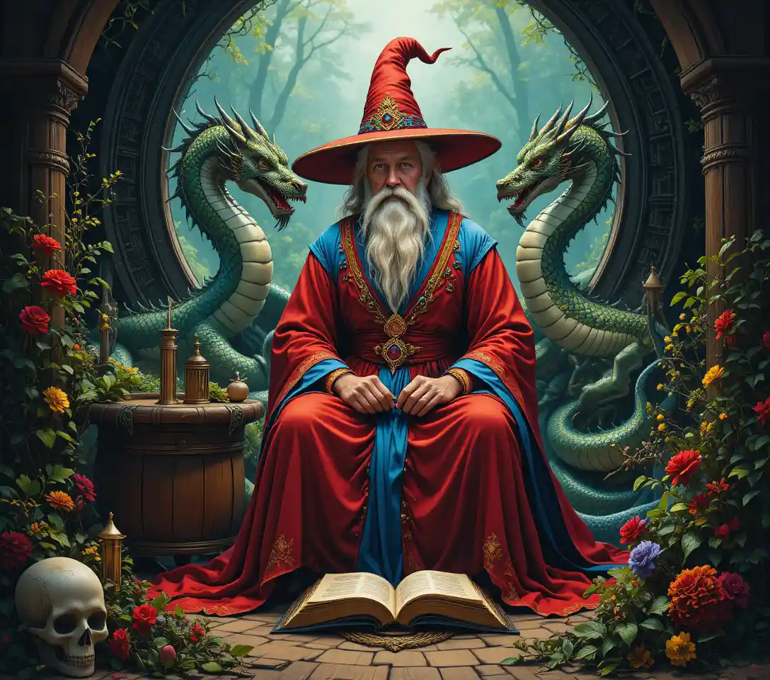 Elderly wizard at lectern with dragon and dark creatures