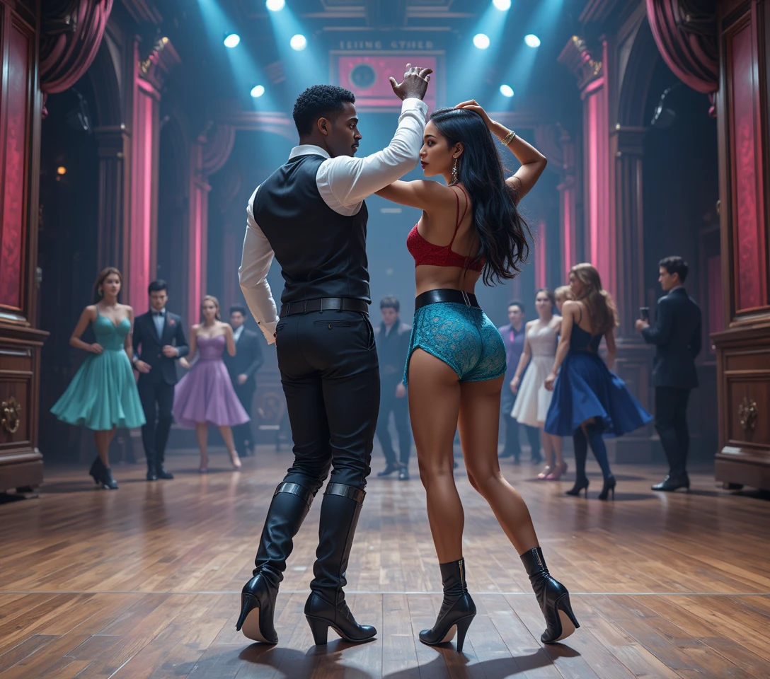Ballroom dancers performing on a glamorous pink stage