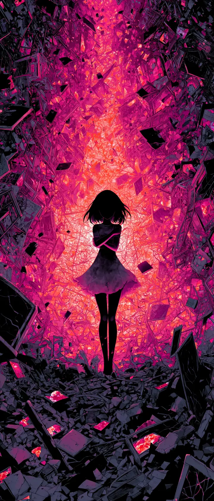 Anime girl protecting glowing glass fetus in ruins