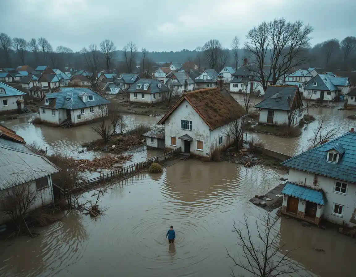 Aerial view of a flooded village with submerged houses