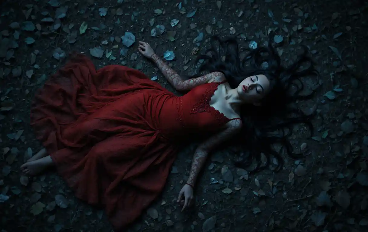 Overhead view of unconscious woman in dark haunted forest