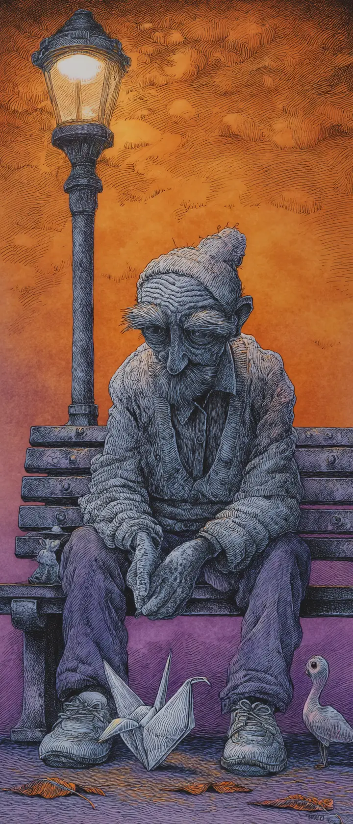 Elderly Man With Paper Crane On Park Bench At Dusk
