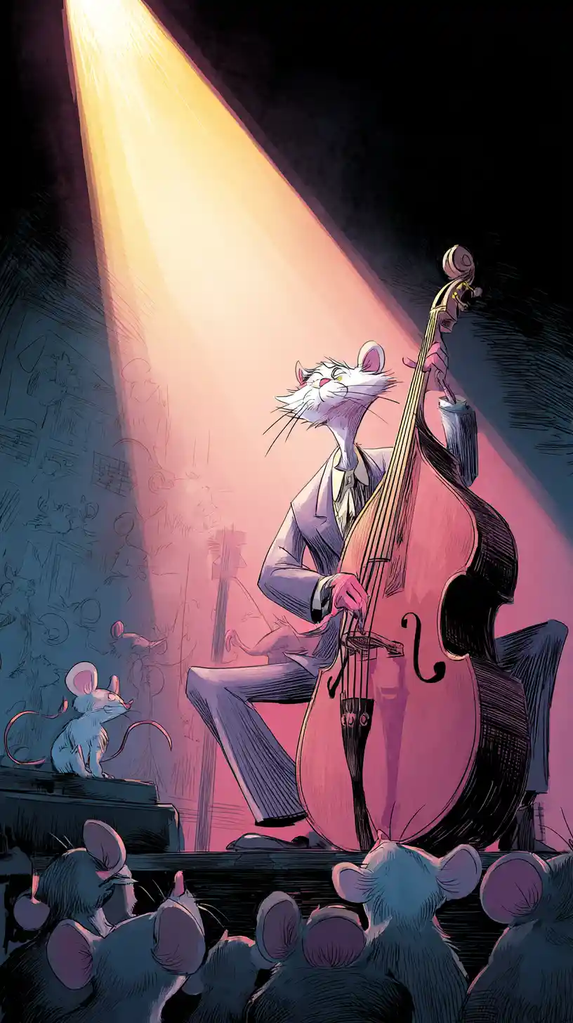 Bassista gatto antropomorfo che si esibisce su un palco in penombra