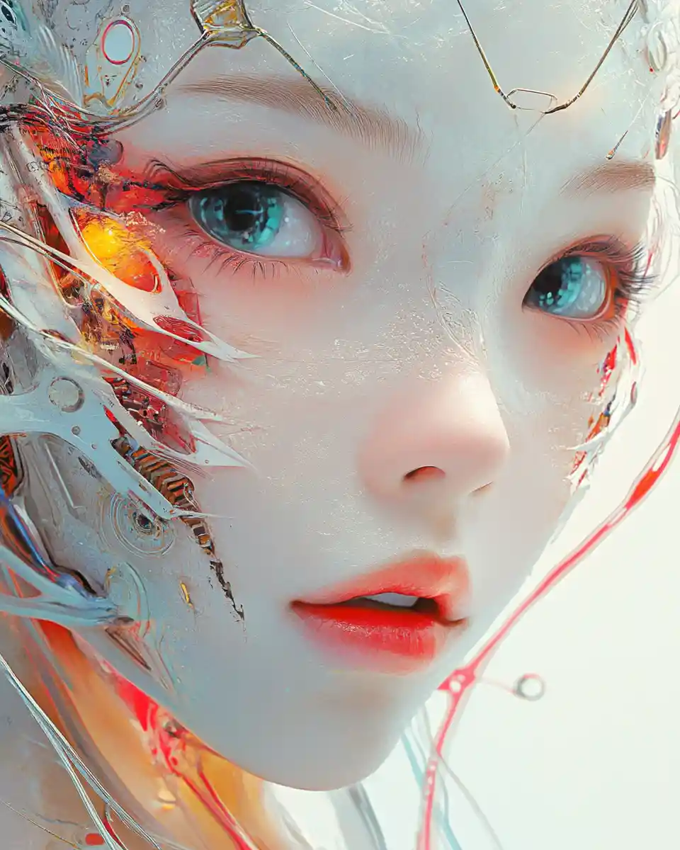 Enchanting cyborg woman in vibrant romantic illustration