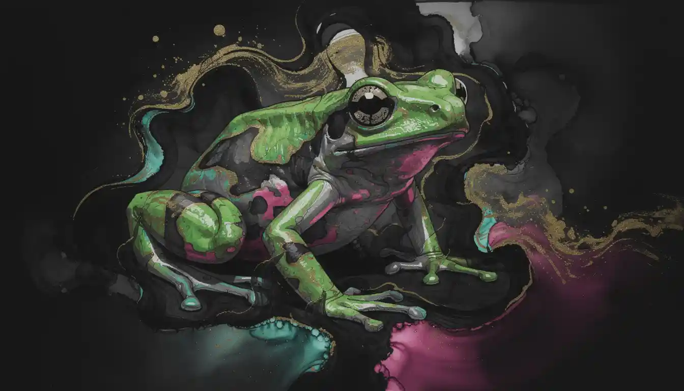 Colorful dart frog in abstract black ink illusion