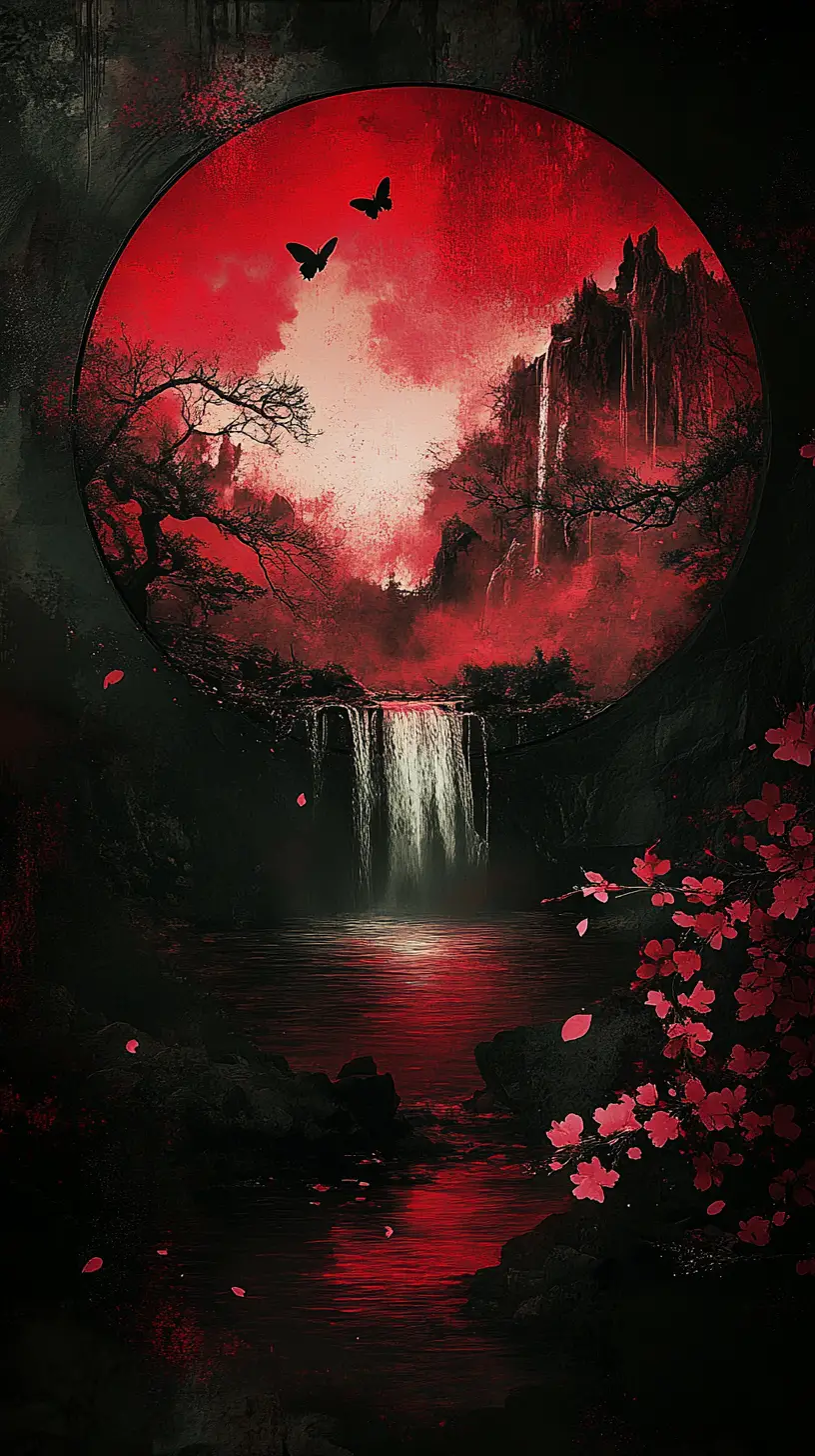 Dark Fantasy Landscape Within Circular Ink Brush Frame