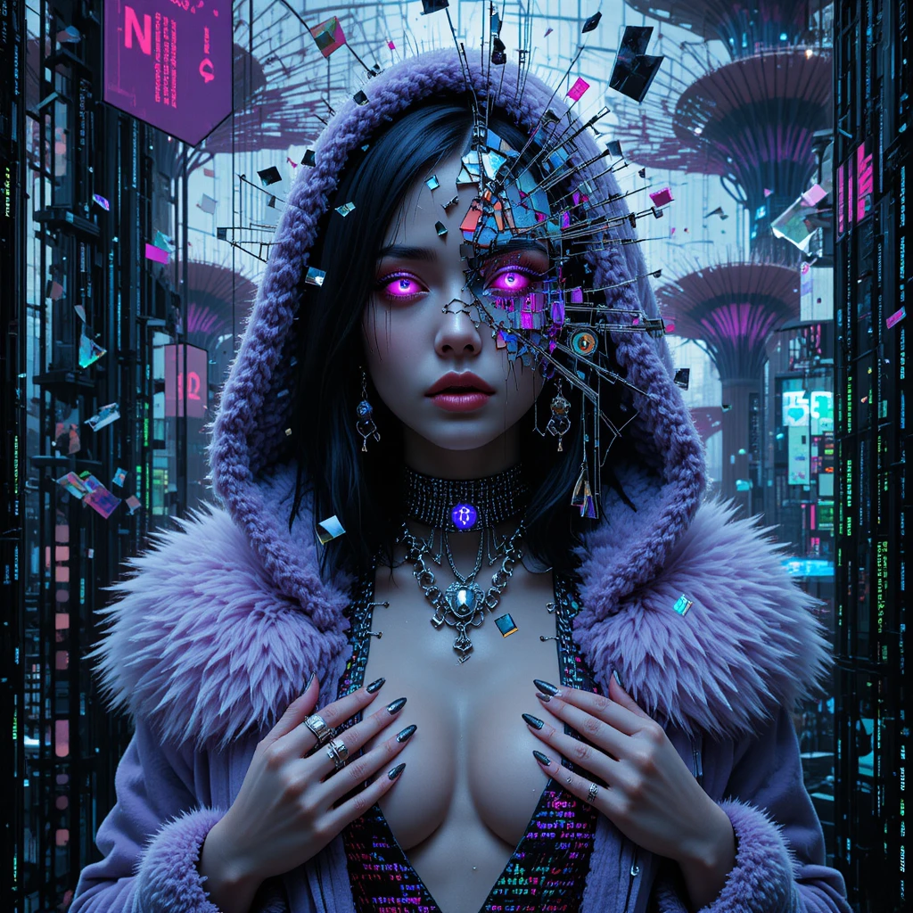Cyberpunk woman dissolving into code and glitch fragments