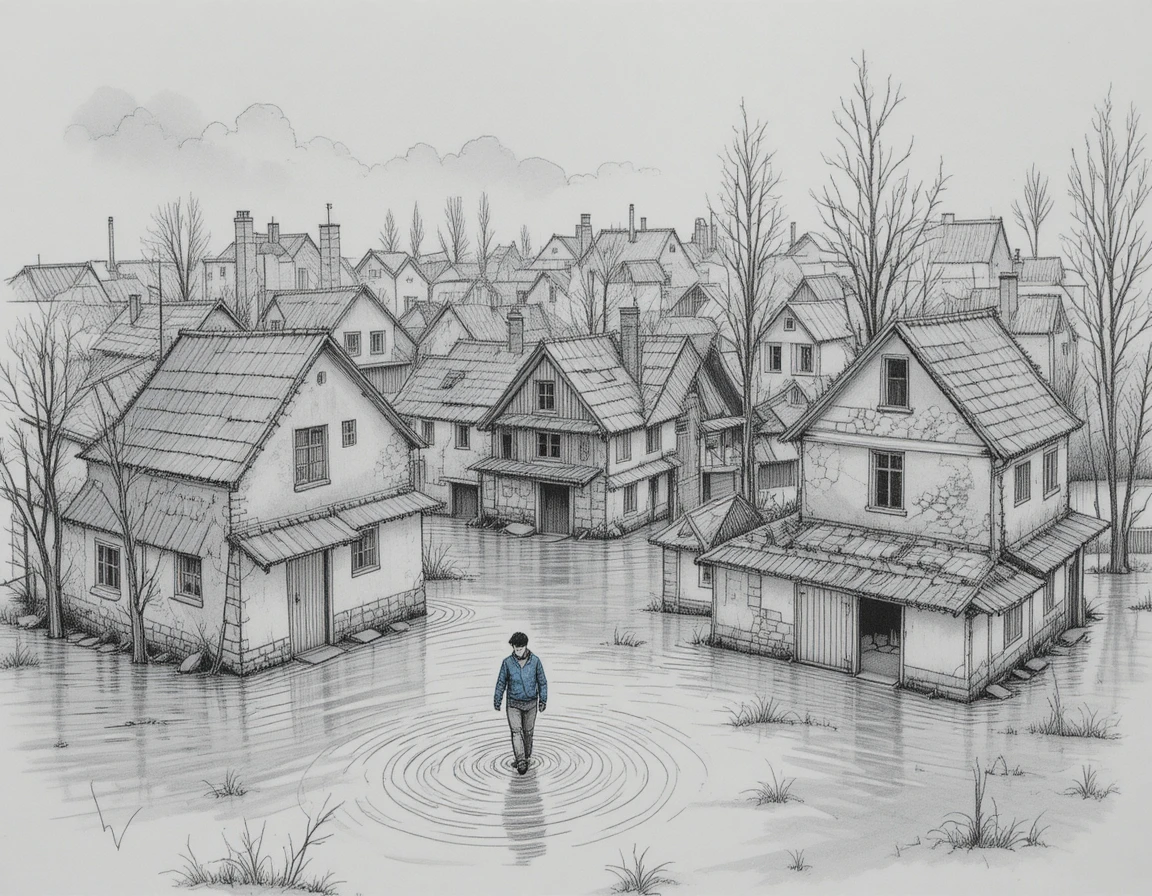 Aerial view of flooded village houses and lone walker