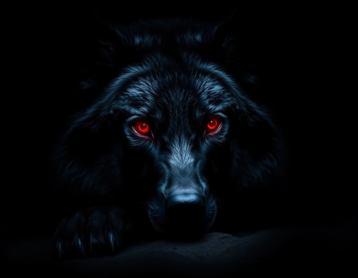Loup noir aux yeux rouges brillants dans une grotte sombre