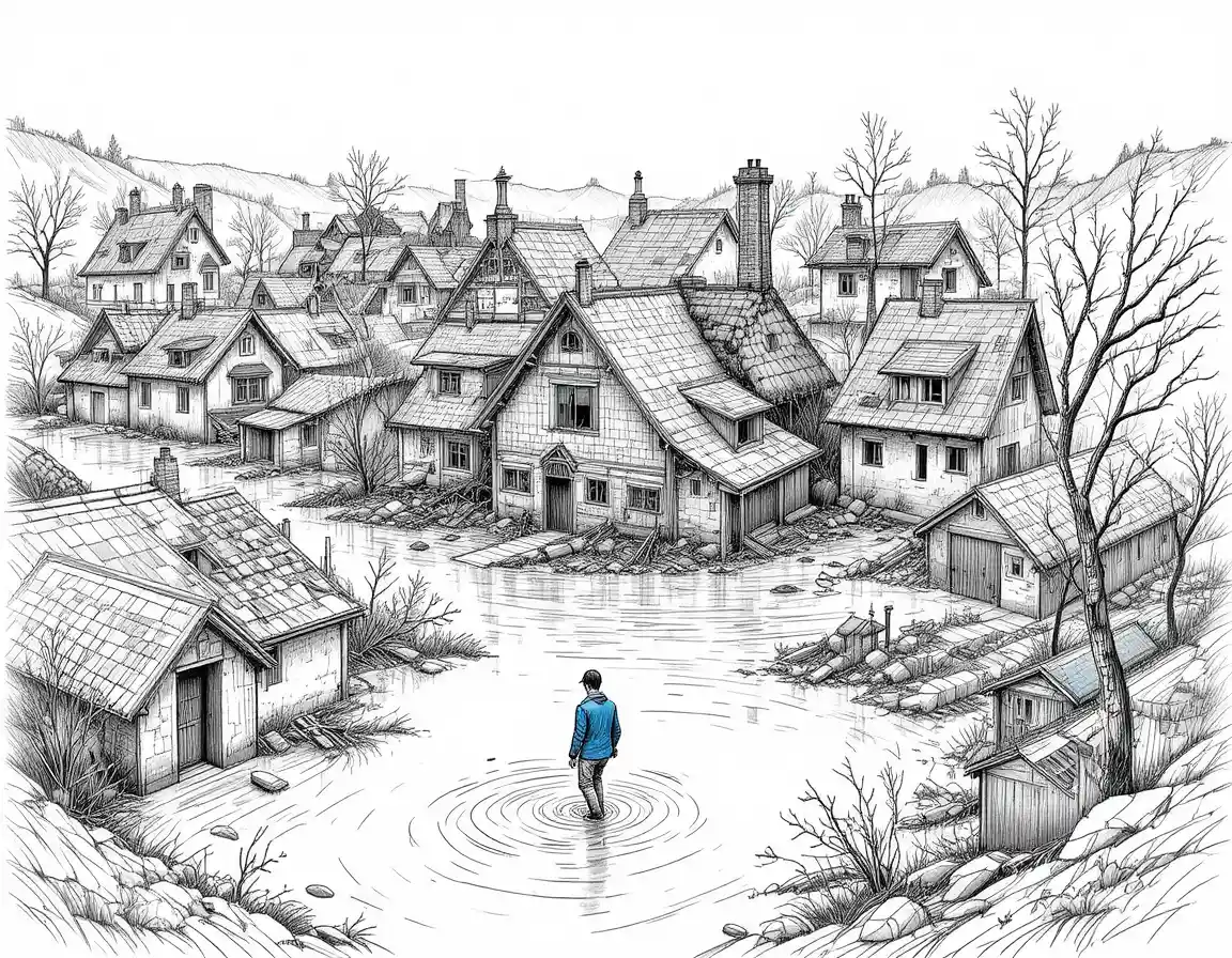 Aerial view of a flooded village with submerged houses