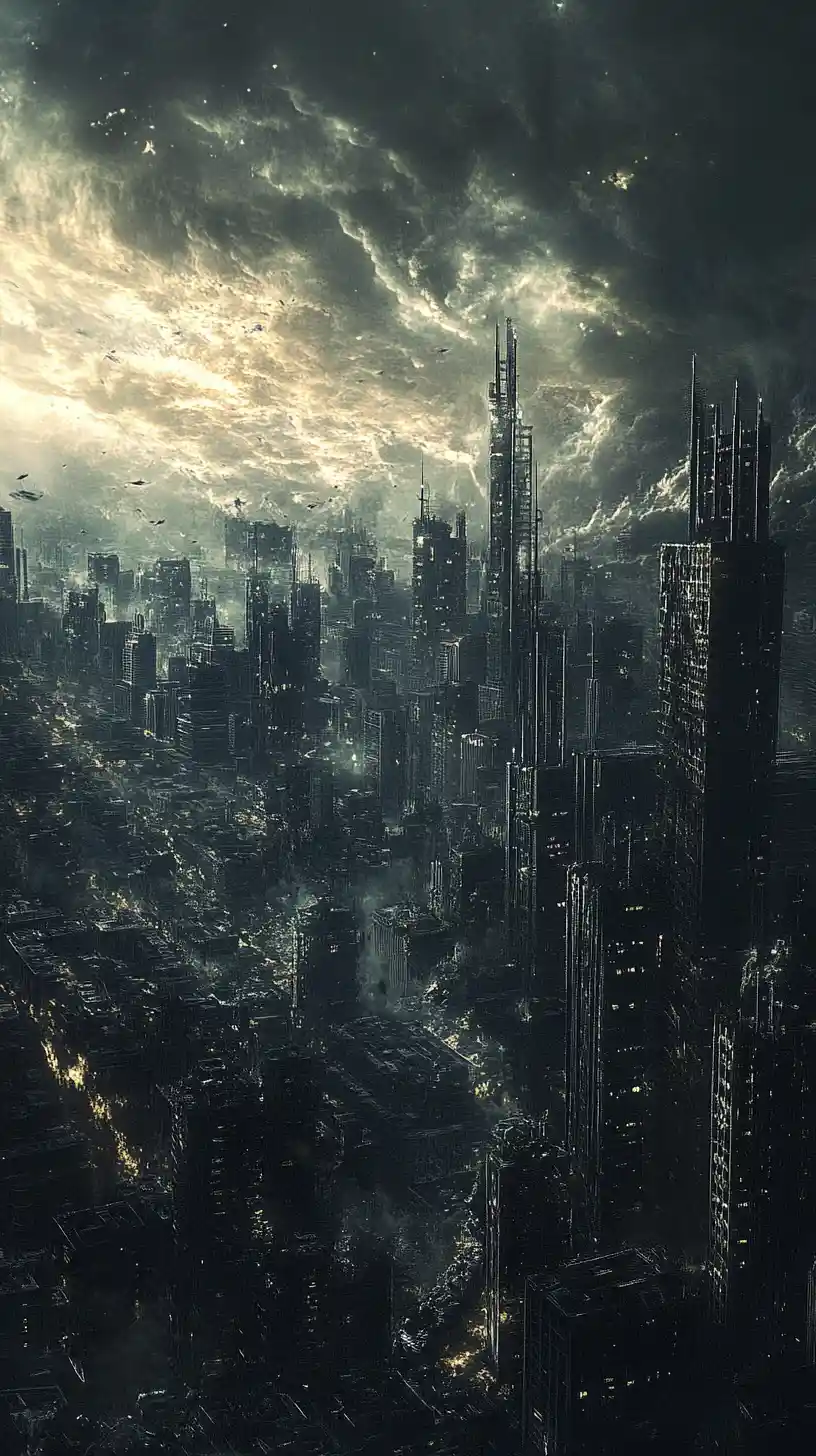 Dystopische Stadtlandschaft mit zerfallenden Wolkenkratzern unter bedrohlichem Himmel