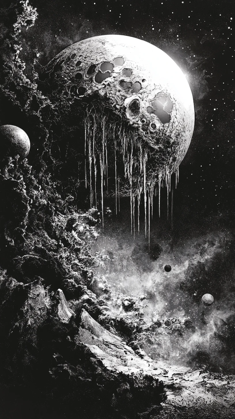 Celestial bodies folding inward in surreal cosmic space