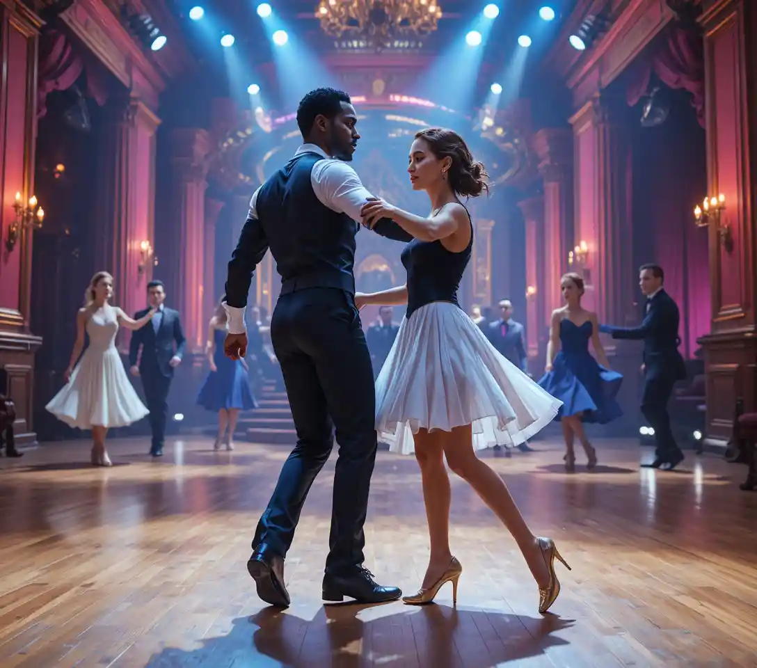 Ballroom dancers performing on a glamorous pink stage