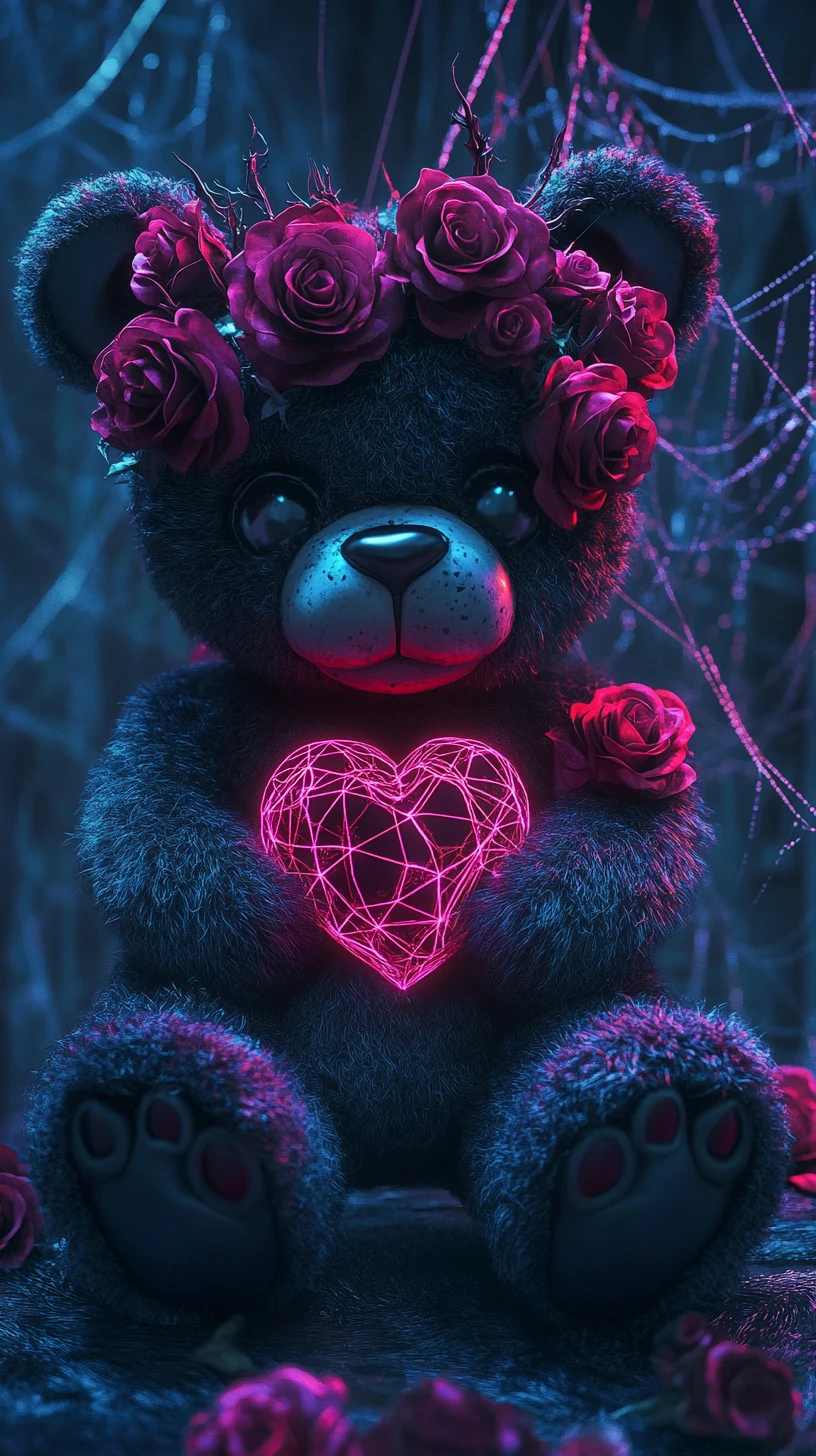 Gothic teddy bear with roses and glowing heart