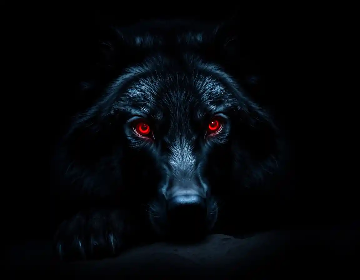 Black wolf with glowing red eyes in a dark cave