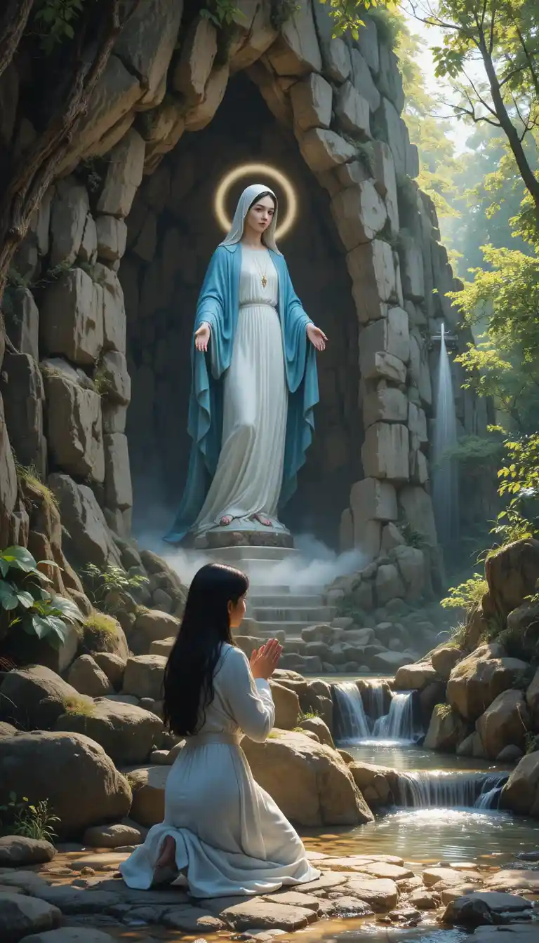 Young Bernadette kneeling before the Virgin Mary at Lourdes