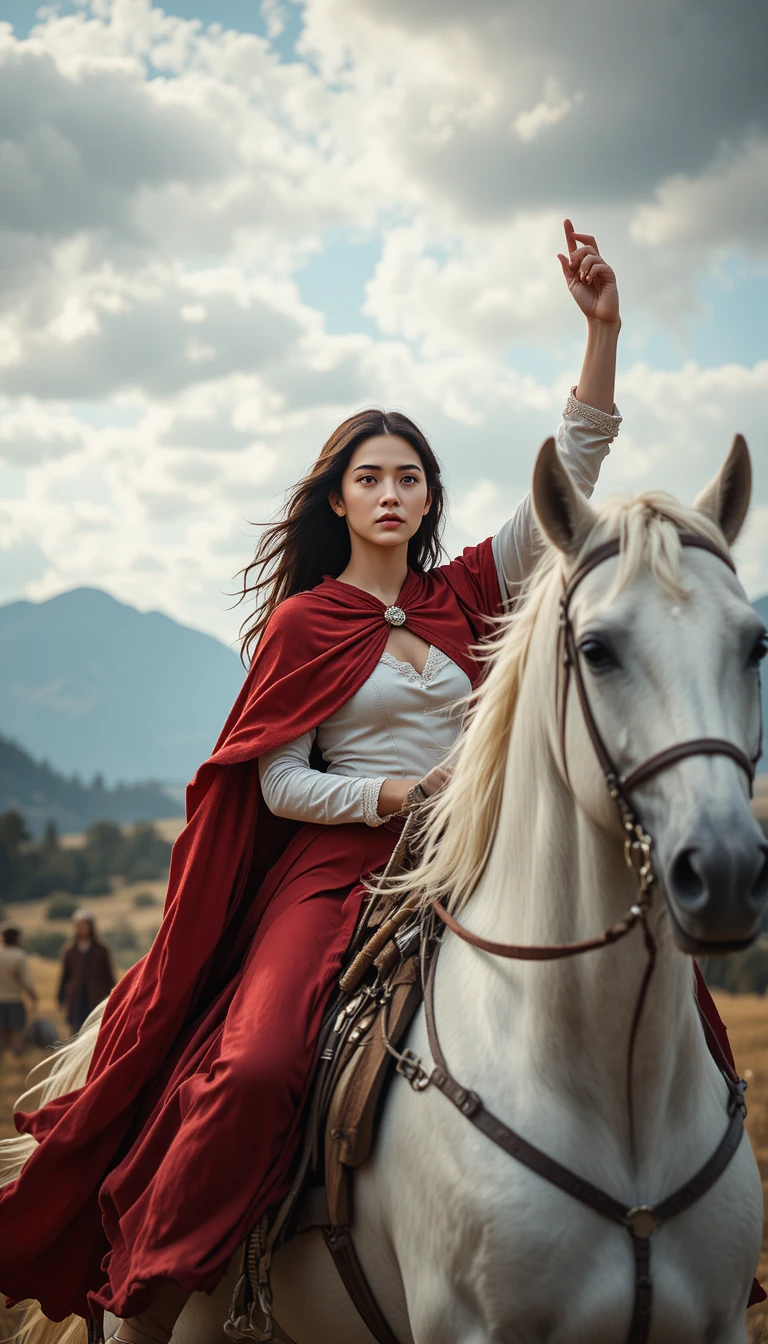 Young rider in red cloak on white horse in mountains