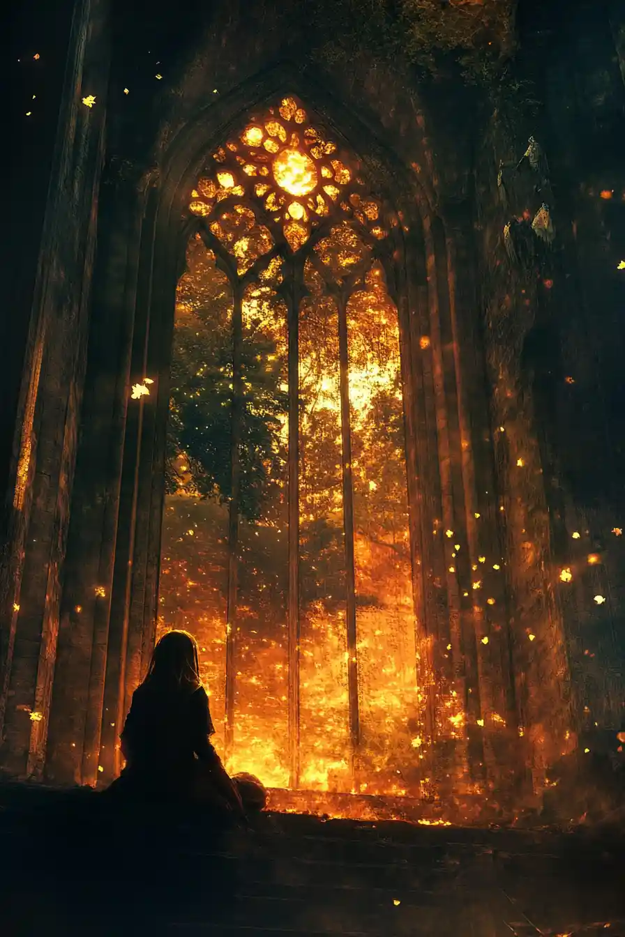 Girl waking at sunrise in a vast dark hall
