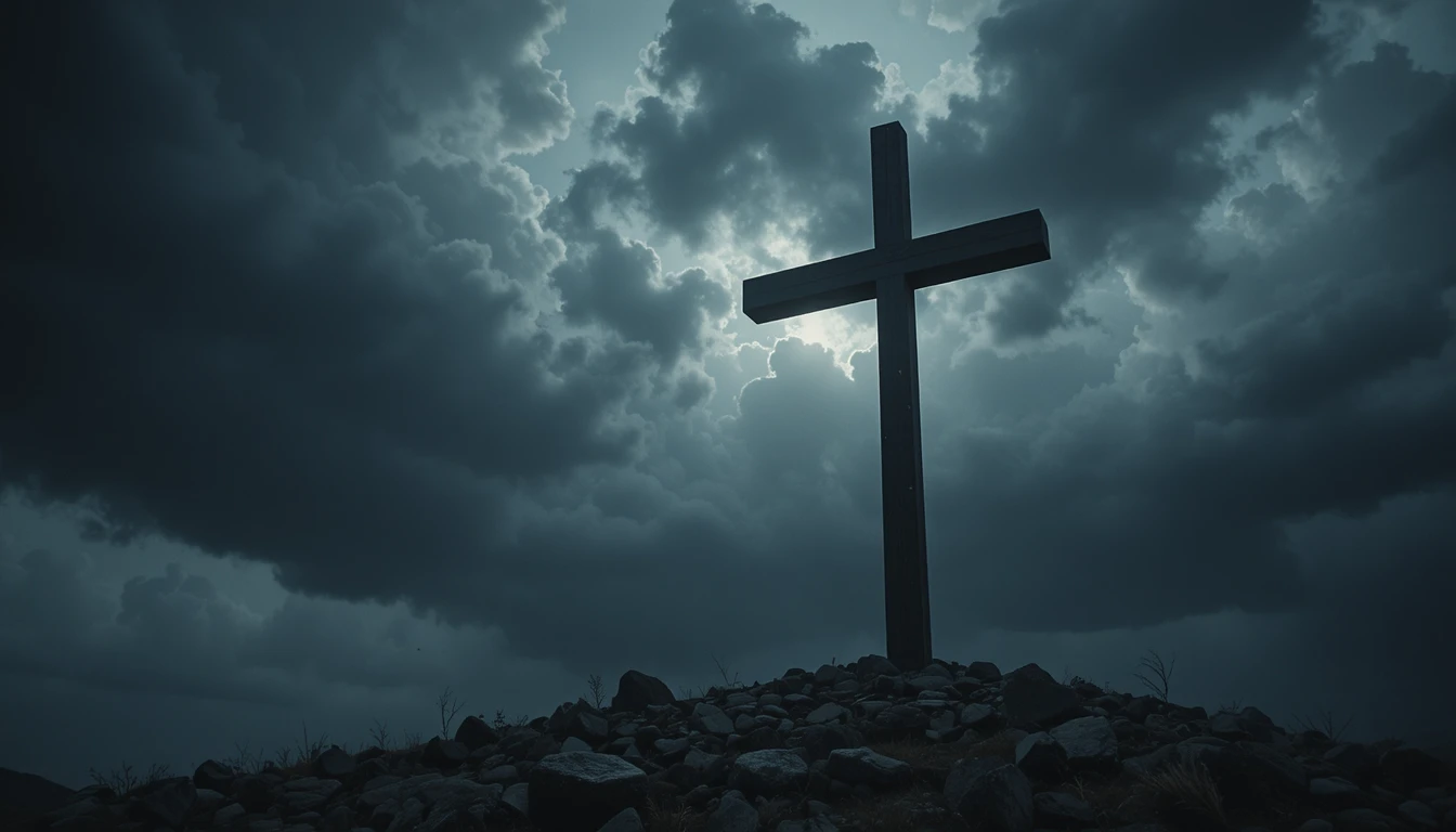 Lone cross beneath a dark stormy sky with fading light