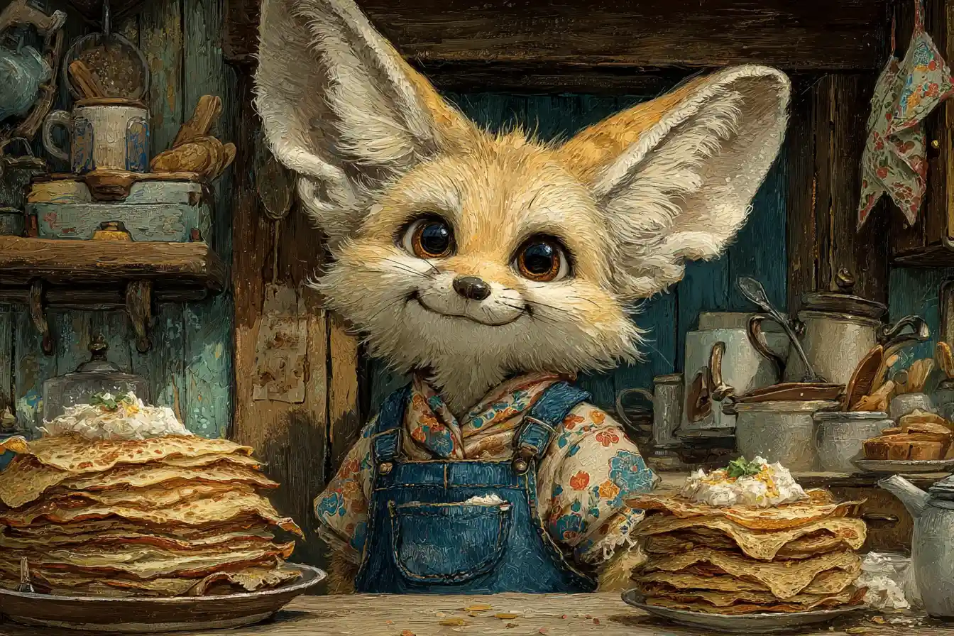 Cute fennec fox in overalls serving crepes in rustic kitchen