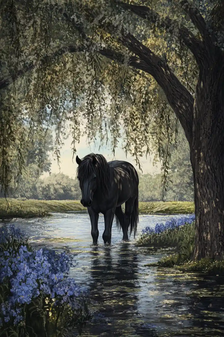 Einhorn, das aus den Schatten an einem sonnendurchfluteten Flussufer auftaucht