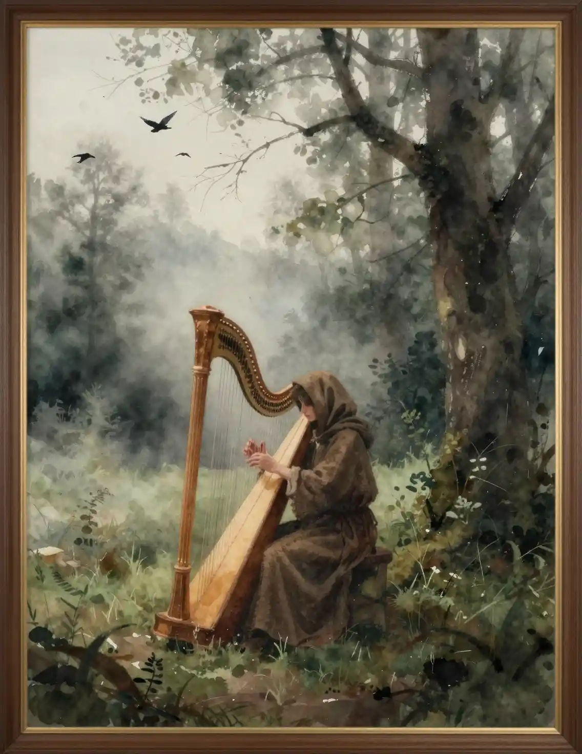 Figura solitaria con túnica tocando el arpa en un bosque brumoso