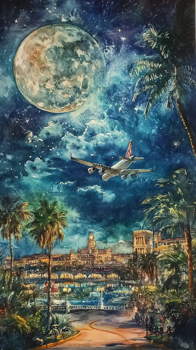 Watercolor night view of Palma de Mallorca airport exterior