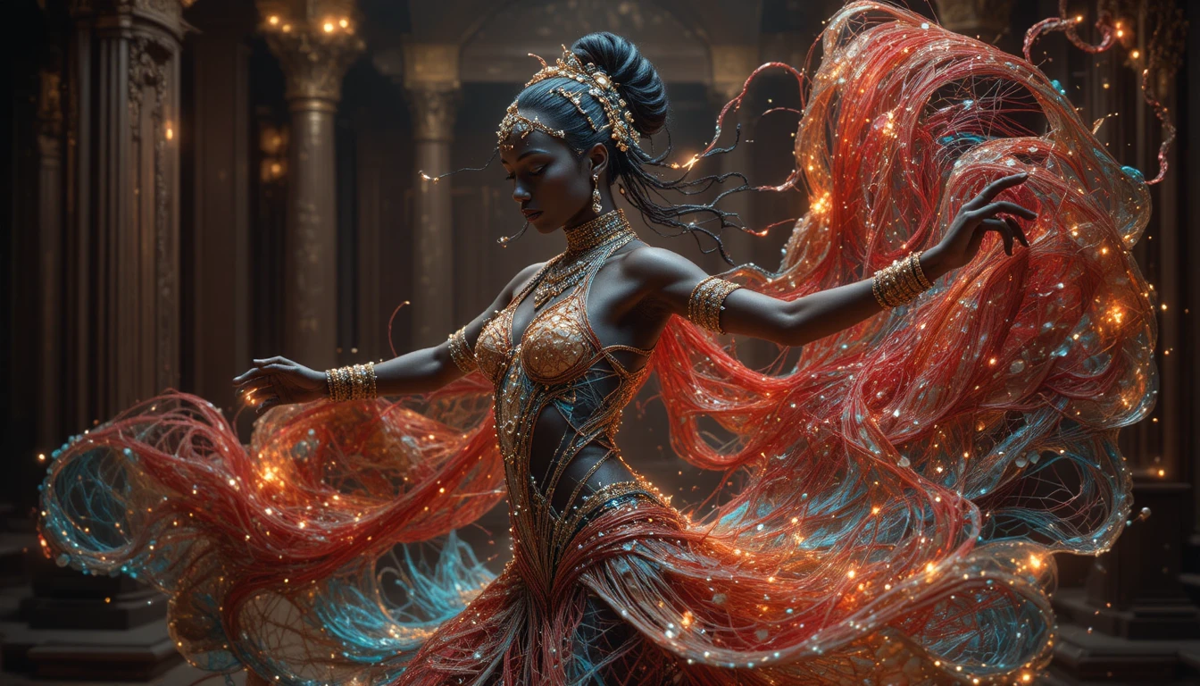 Bailarina negra rodopiando véus brilhantes no interior de um palácio