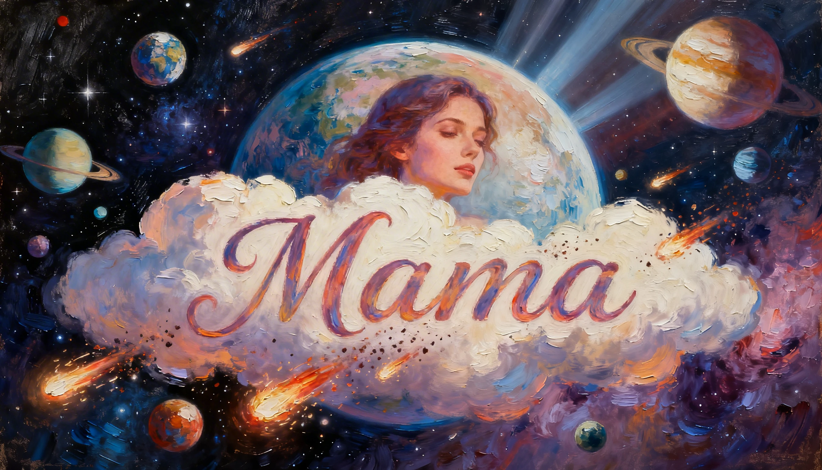 Cosmic view with planets and a woman face as a world