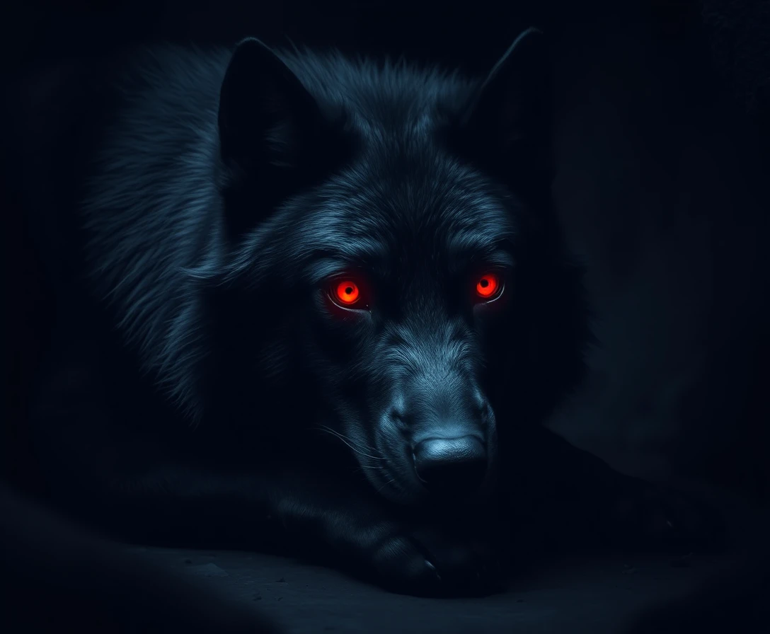 暗い洞窟の中の赤く光る目をした巨大な黒狼