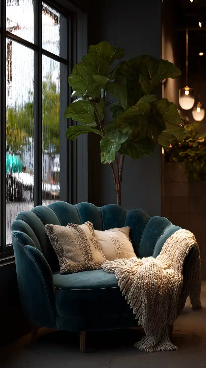 Cozy cafe corner with teal velvet sofa and window